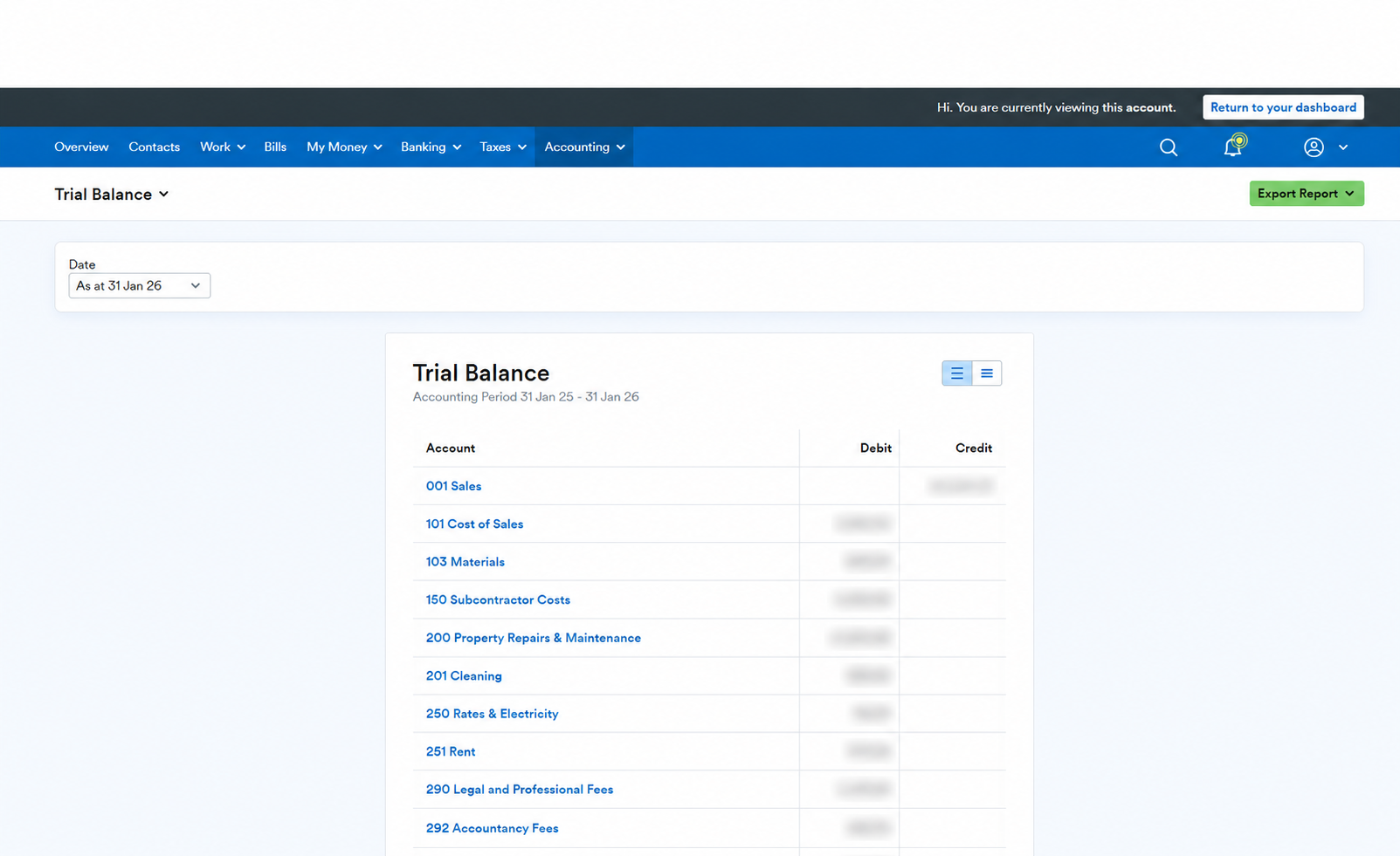 FreeAgent trial balance report with Date set to As at 31 Jan 26, showing account rows such as 001 Sales with debit and credit columns